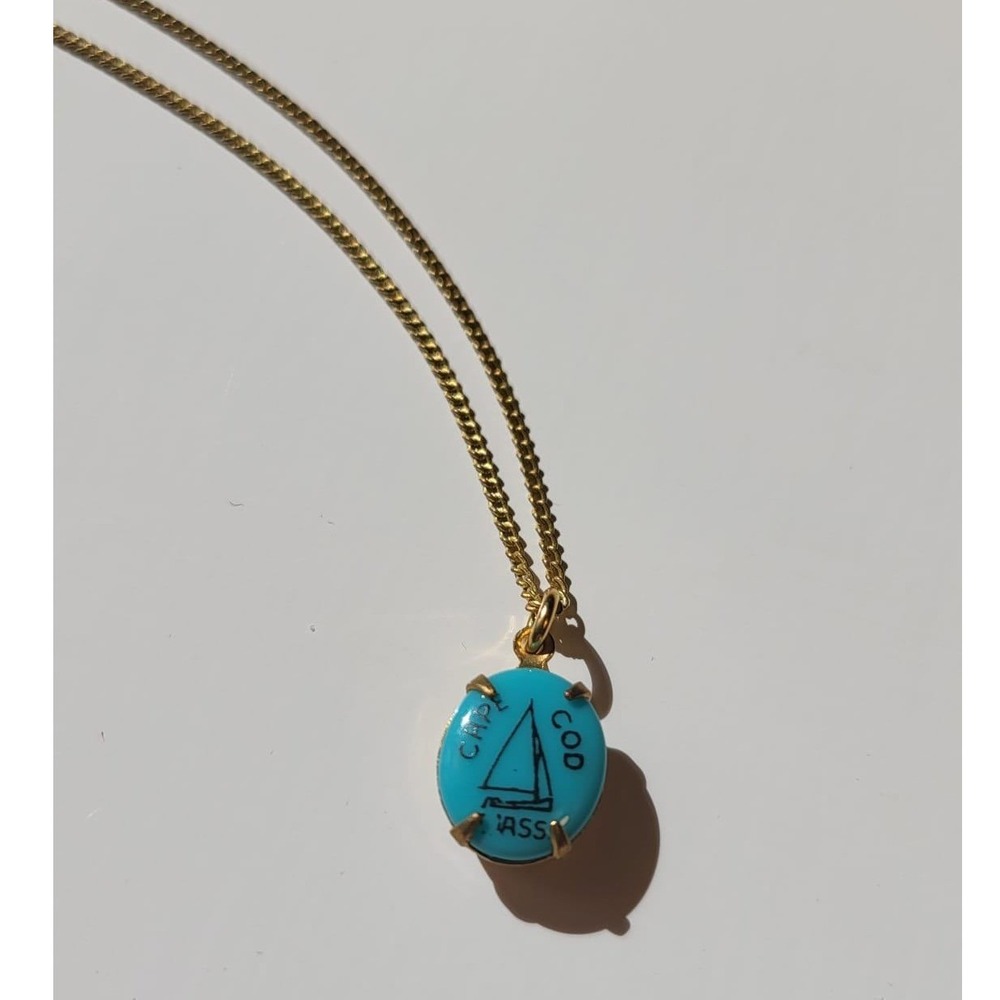 Vintage Gold Tone Necklace Turquoise Pendant Sailboat Cape Cod Charm